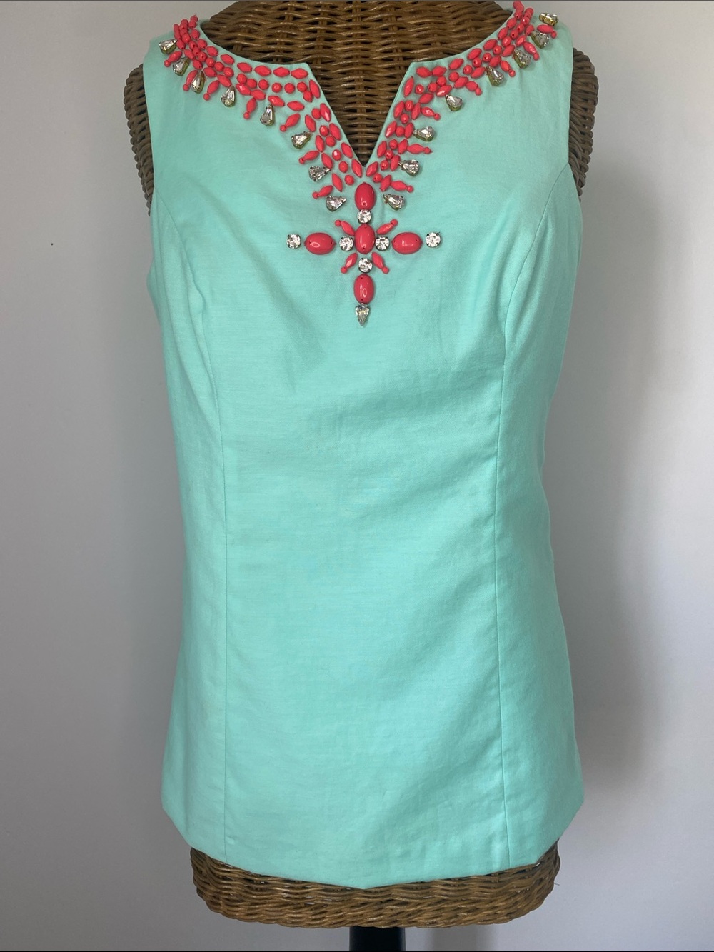 Lilly Pulitzer Mint Sleeveless Top with Coral Bead Embellishment